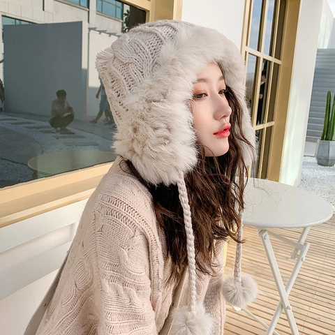 Korean mother hat female rabbit fur hat autumn and winter Fashion Winter Hat Real Rabbit Fur Winter Knitted Hats For  main image 2